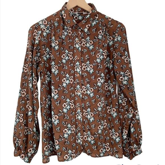 Casual Corner Tops - Casual Corner Women Vintage Blouse Long Sleeve Brown Floral Cottage Boho Medium